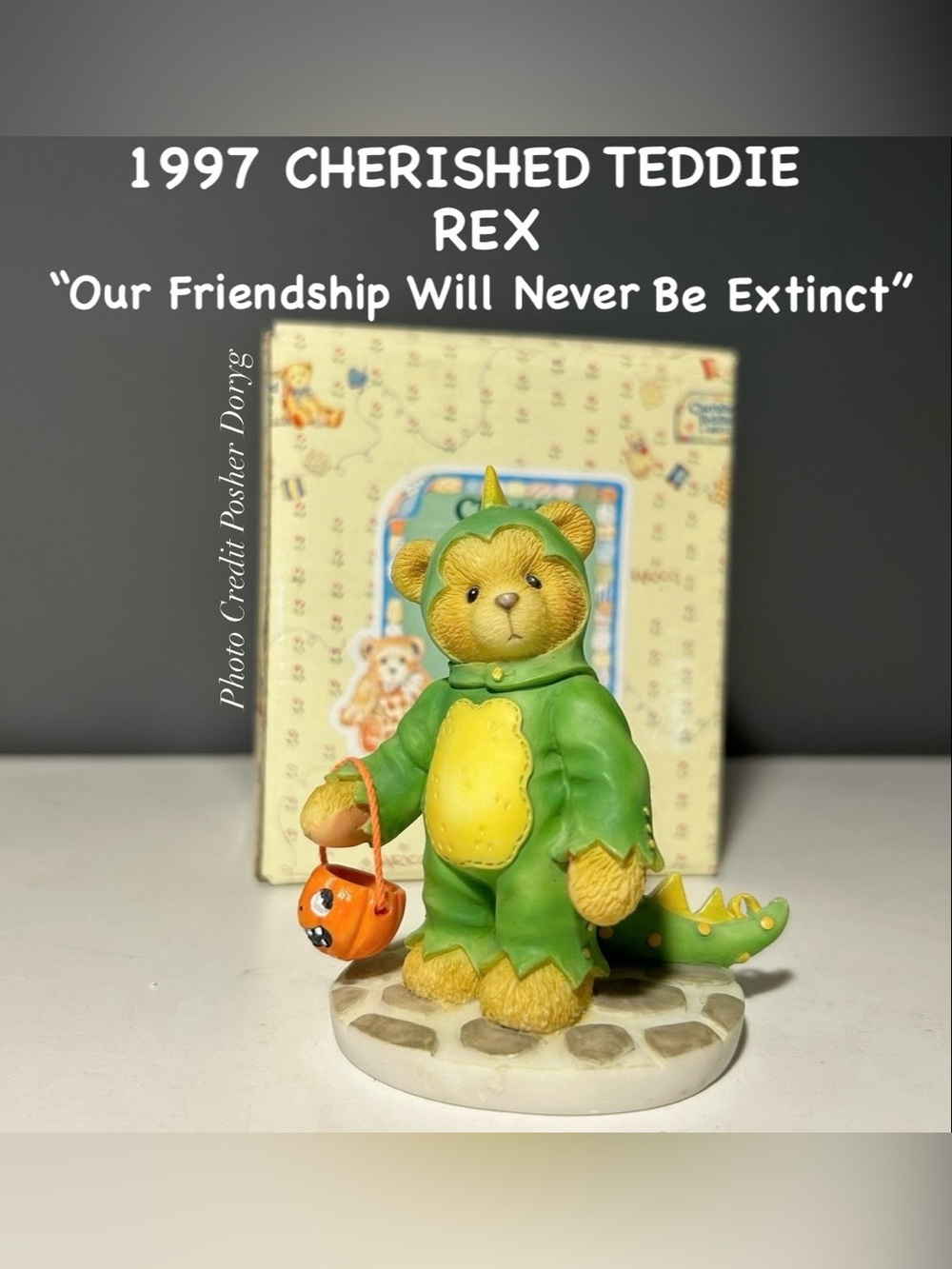 Cherished Teddies Bear in Green and Yellow Dinosaur Costume with Orange Pumpkin